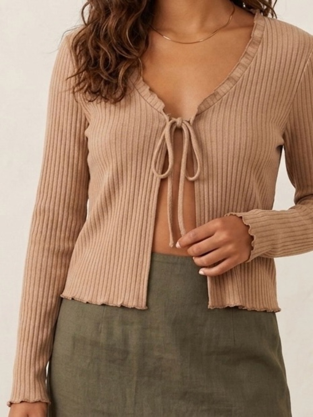 gaze Beige Ribbed Tie-Front Long Sleeve Top